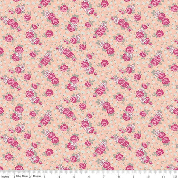 Image of the Precious Petites Roses Coral quilting cotton fabric by Gerri Robinson for Riley Blake Designs. Features flowers on a coral background. Cute Little Fabric Shop