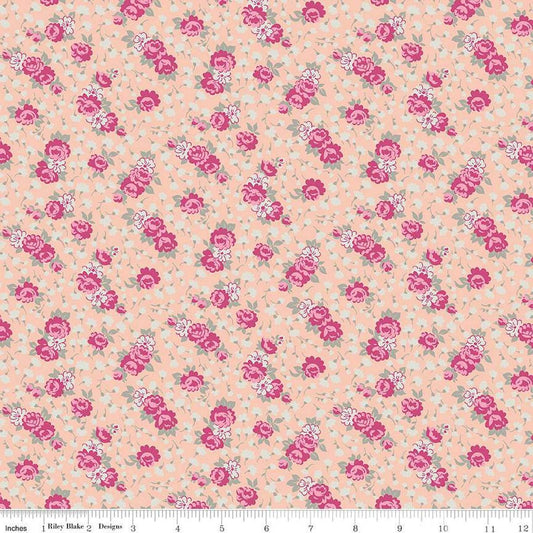 Image of the Precious Petites Roses Coral quilting cotton fabric by Gerri Robinson for Riley Blake Designs. Features flowers on a coral background. Cute Little Fabric Shop
