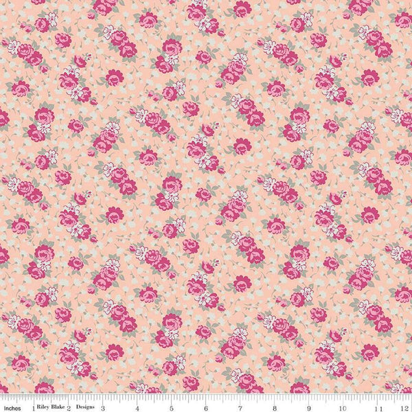 Image of the Precious Petites Roses Coral quilting cotton fabric by Gerri Robinson for Riley Blake Designs. Features flowers on a coral background. Cute Little Fabric Shop