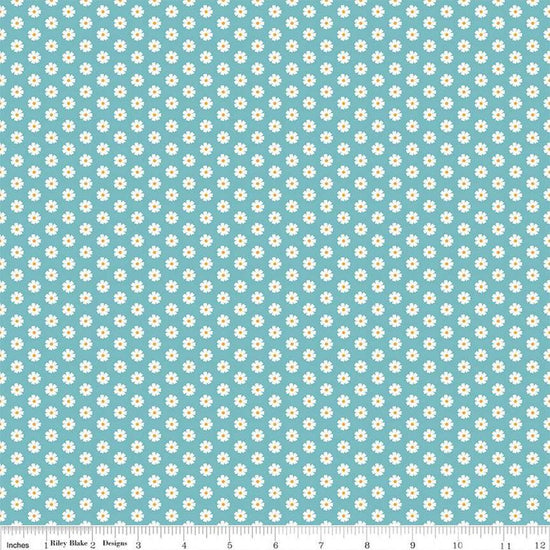 Image of the Besties Flowers Blue quilting cotton fabric by Corinne Wells for Riley Blake Designs. Features flowers on a blue background. Cute Little Fabric Shop