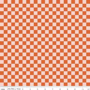 Image of the Besties Checks Persimmon quilting cotton fabric by Corinne Wells for Riley Blake Designs. Features checkers on a red background. Cute Little Fabric Shop