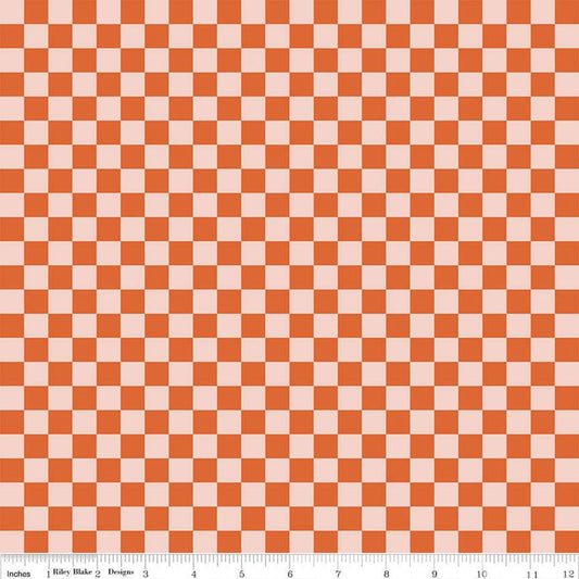 Image of the Besties Checks Persimmon quilting cotton fabric by Corinne Wells for Riley Blake Designs. Features checkers on a red background. Cute Little Fabric Shop