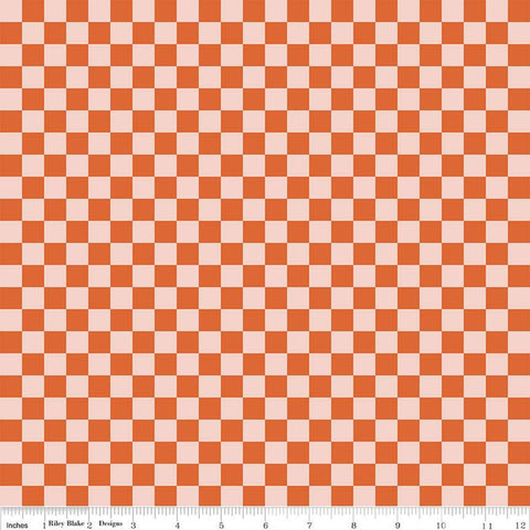 Image of the Besties Checks Persimmon quilting cotton fabric by Corinne Wells for Riley Blake Designs. Features checkers on a red background. Cute Little Fabric Shop