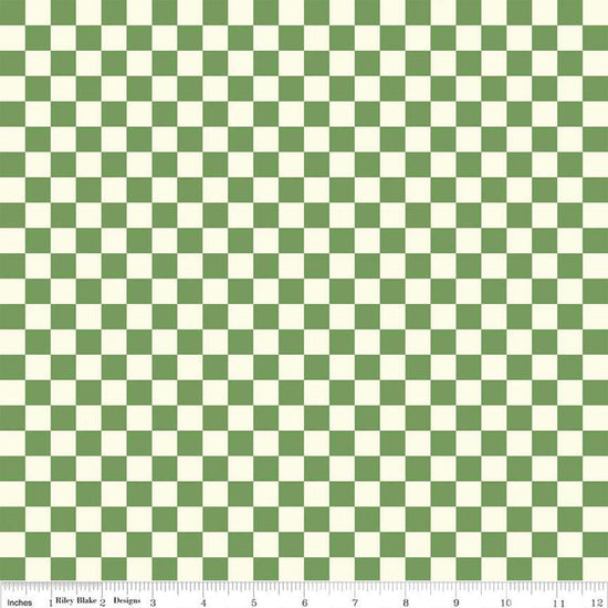 Image of the Besties Checks Green quilting cotton fabric by Corinne Wells for Riley Blake Designs. Features checkers on a green background. Cute Little Fabric Shop
