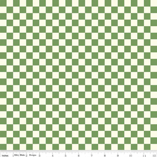 Image of the Besties Checks Green quilting cotton fabric by Corinne Wells for Riley Blake Designs. Features checkers on a green background. Cute Little Fabric Shop