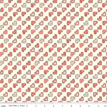 Image of the Besties Charms Vanilla quilting cotton fabric by Corinne Wells for Riley Blake Designs. Features hearts on a cream background. Cute Little Fabric Shop