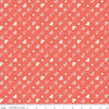 Image of the Besties Charms Lipstick quilting cotton fabric by Corinne Wells for Riley Blake Designs. Features hearts on a coral background. Cute Little Fabric Shop