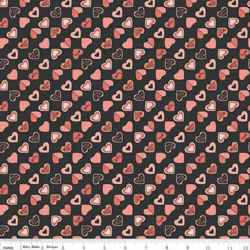 Image of the Besties Charms Charcoal quilting cotton fabric by Corinne Wells for Riley Blake Designs. Features hearts on a brown background. Cute Little Fabric Shop