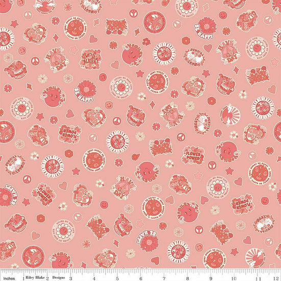 Image of the Besties Stickers Yellow quilting cotton fabric by Corinne Wells for Riley Blake Designs. Features icons on a yellow background. Cute Little Fabric Shop