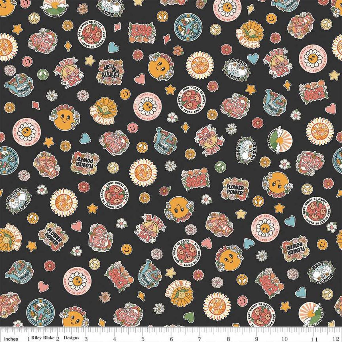 Image of the Besties Stickers Charcoal quilting cotton fabric by Corinne Wells for Riley Blake Designs. Features icons on a gray background. Cute Little Fabric Shop