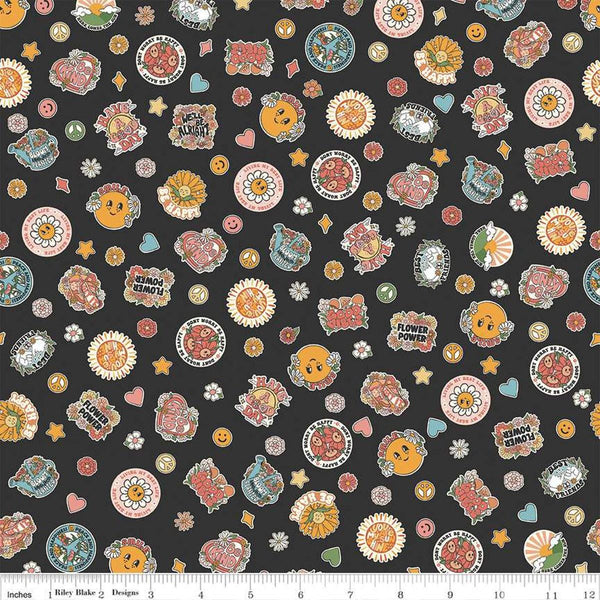 Image of the Besties Stickers Charcoal quilting cotton fabric by Corinne Wells for Riley Blake Designs. Features icons on a gray background. Cute Little Fabric Shop