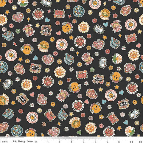 Image of the Besties Stickers Charcoal quilting cotton fabric by Corinne Wells for Riley Blake Designs. Features icons on a gray background. Cute Little Fabric Shop