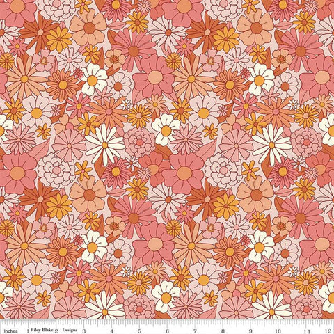 Image of the Besties Main Pink quilting cotton fabric by Corinne Wells for Riley Blake Designs. Features flowers on a pink background. Cute Little Fabric Shop