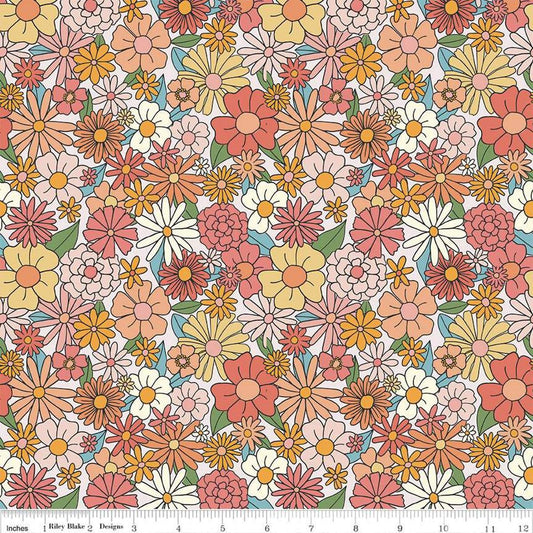 Image of the Besties Main Multi quilting cotton fabric by Corinne Wells for Riley Blake Designs. Features flowers on a pink background. Cute Little Fabric Shop
