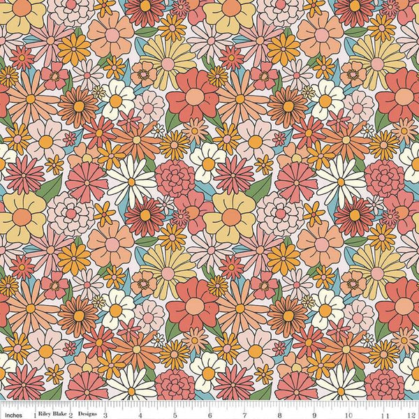 Image of the Besties Main Multi quilting cotton fabric by Corinne Wells for Riley Blake Designs. Features flowers on a pink background. Cute Little Fabric Shop