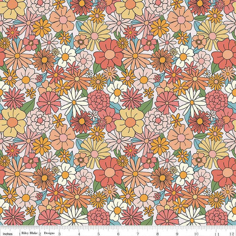 Image of the Besties Main Multi quilting cotton fabric by Corinne Wells for Riley Blake Designs. Features flowers on a pink background. Cute Little Fabric Shop
