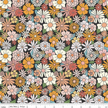Image of the Besties Main Charcoal quilting cotton fabric by Corinne Wells for Riley Blake Designs. Features flowers on a grey background. Cute Little Fabric Shop