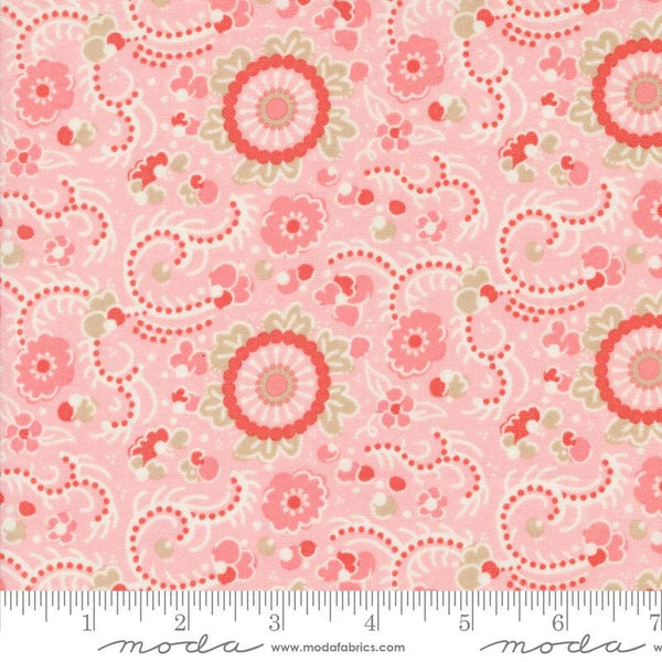 Image of the Sunday Brunch Blintz Bellini quilting cotton fabric by Moda Fabrics. Features flowers on a pink background. Cute Little Fabric Shop