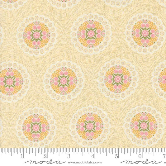Image of the Sunday Brunch Geometrics Mimosa quilting cotton fabric by Moda Fabrics. Features medallions on a yellow background. Cute Little Fabric Shop