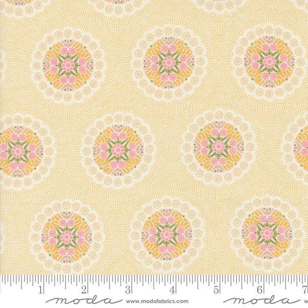 Image of the Sunday Brunch Geometrics Mimosa quilting cotton fabric by Moda Fabrics. Features medallions on a yellow background. Cute Little Fabric Shop