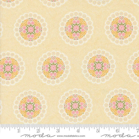 Image of the Sunday Brunch Geometrics Mimosa quilting cotton fabric by Moda Fabrics. Features medallions on a yellow background. Cute Little Fabric Shop