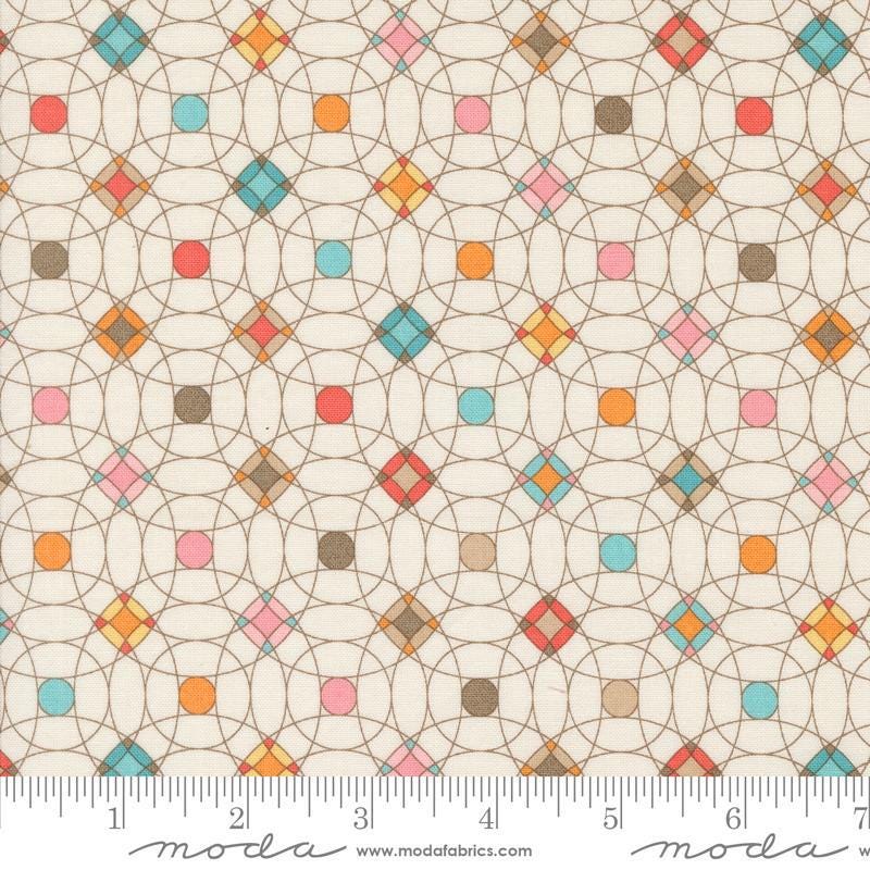 Image of the Sunday Brunch Tiles Spritzer quilting cotton fabric by Moda Fabrics. Features tiles on a tan background. Cute Little Fabric Shop