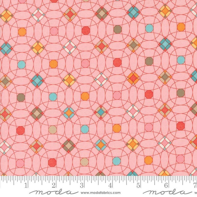 Image of the Sunday Brunch Tiles Bellini quilting cotton fabric by Moda Fabrics. Features tiles on a coral background. Cute Little Fabric Shop