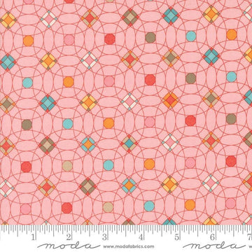 Image of the Sunday Brunch Tiles Bellini quilting cotton fabric by Moda Fabrics. Features tiles on a coral background. Cute Little Fabric Shop