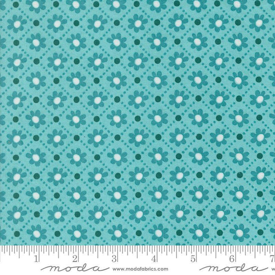 Image of the Sunday Brunch Pastry Mint Tea quilting cotton fabric by Moda Fabrics. Features flowers on a teal background. Cute Little Fabric Shop