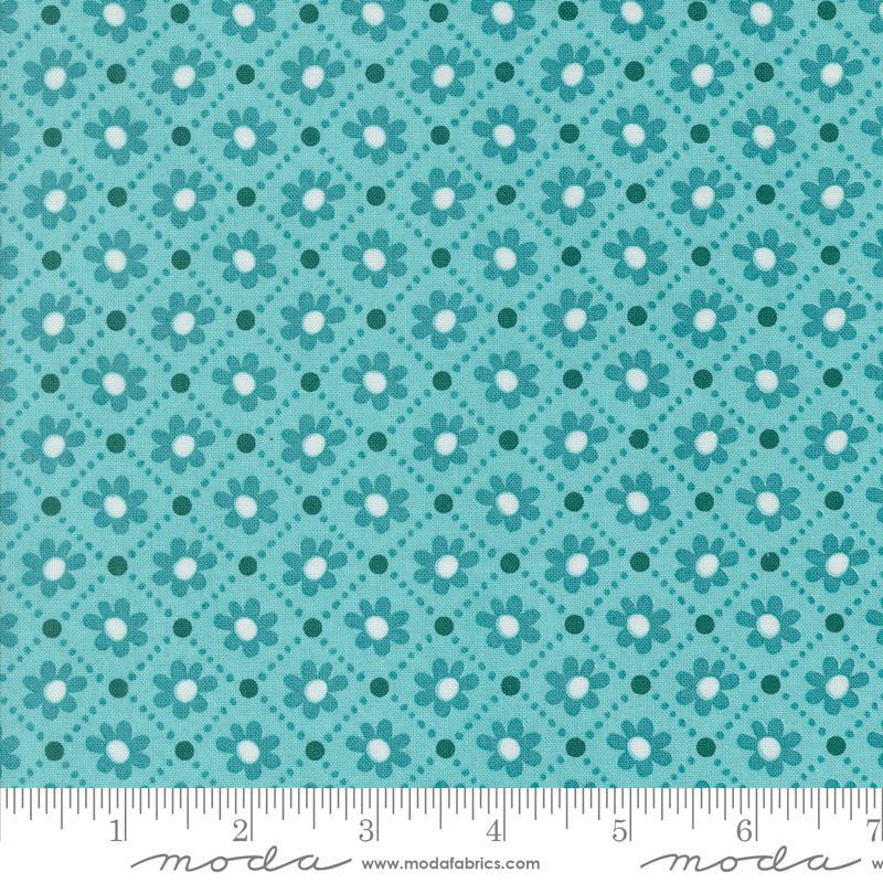 Image of the Sunday Brunch Pastry Mint Tea quilting cotton fabric by Moda Fabrics. Features flowers on a teal background. Cute Little Fabric Shop