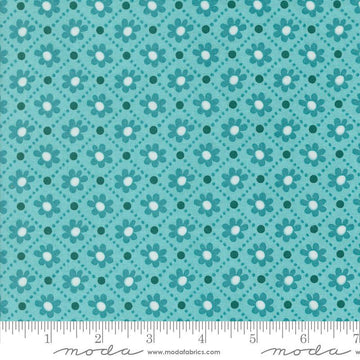 Image of the Sunday Brunch Pastry Mint Tea quilting cotton fabric by Moda Fabrics. Features flowers on a teal background. Cute Little Fabric Shop