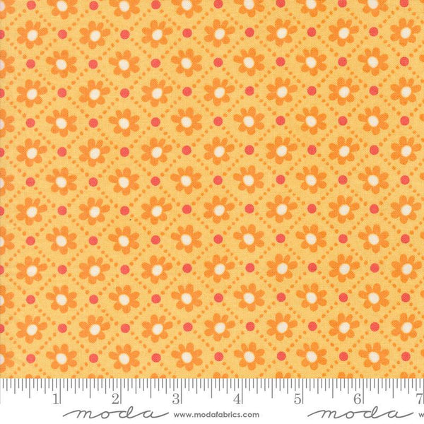 Image of the Sunday Brunch Pastry Mimosa quilting cotton fabric by Moda Fabrics. Features flowers on a yellow background. Cute Little Fabric Shop