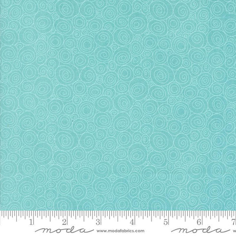 Image of the Sunday Brunch Grits Mint Tea quilting cotton fabric by Moda Fabrics. Features swirls on a mint background. Cute Little Fabric Shop