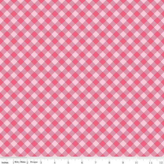 Bee Basics PRINTED Gingham C6400 Raspberry - Riley Blake Designs - Diagonal Check - Lori Holt - Quilting Cotton Fabric