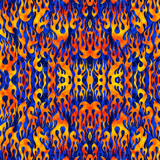 Image of the Heavy Metal Flame Royal Y quilting cotton fabric by Morris Creative Group for QT Fabrics. Features fire flames on a blue background. 
Cute Little Fabric Shop