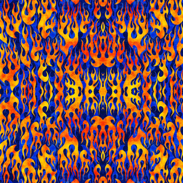 Image of the Heavy Metal Flame Royal Y quilting cotton fabric by Morris Creative Group for QT Fabrics. Features fire flames on a blue background. 
Cute Little Fabric Shop