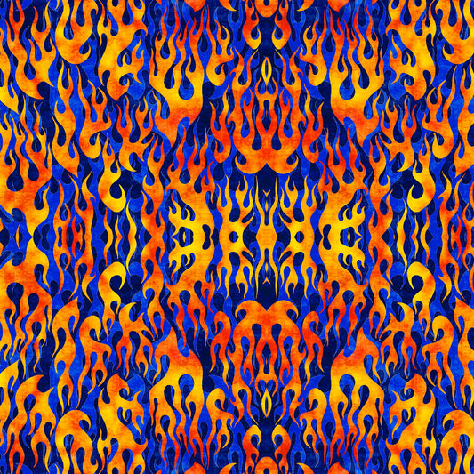 Image of the Heavy Metal Flame Royal Y quilting cotton fabric by Morris Creative Group for QT Fabrics. Features fire flames on a blue background. 
Cute Little Fabric Shop
