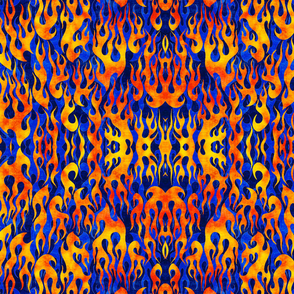 Image of the Heavy Metal Flame Royal Y quilting cotton fabric by Morris Creative Group for QT Fabrics. Features fire flames on a blue background. 
Cute Little Fabric Shop