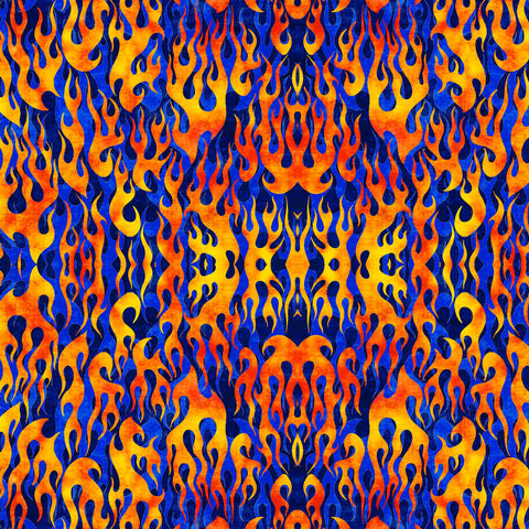 Image of the Heavy Metal Flame Royal Y quilting cotton fabric by Morris Creative Group for QT Fabrics. Features fire flames on a blue background. 
Cute Little Fabric Shop