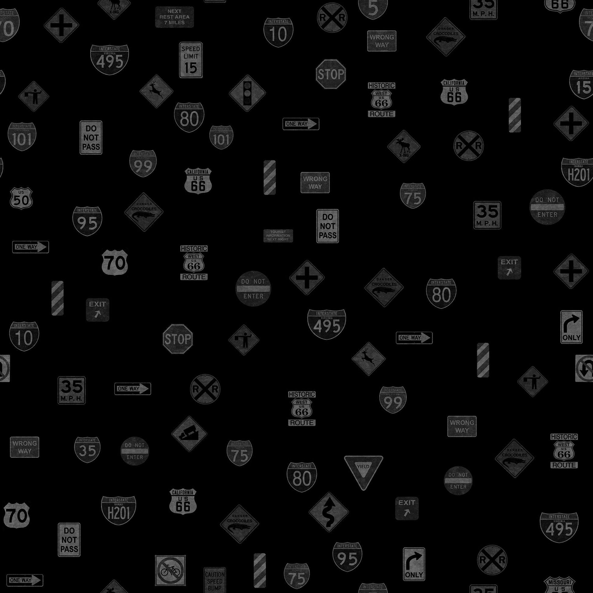 Image of the Heavy Metal Road Sign Toss Black J quilting cotton fabric by Morris Creative Group for QT Fabrics. Features road sings with many different symbols on a black background. 
Cute Little Fabric Shop