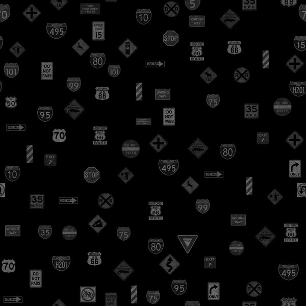 Image of the Heavy Metal Road Sign Toss Black J quilting cotton fabric by Morris Creative Group for QT Fabrics. Features road sings with many different symbols on a black background. 
Cute Little Fabric Shop