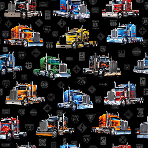 Image of the Heavy Metal Big Rigs Black quilting cotton fabric by Morris Creative Group for QT Fabrics. Features large semi-truck rigs on a black background. 
Cute Little Fabric Shop