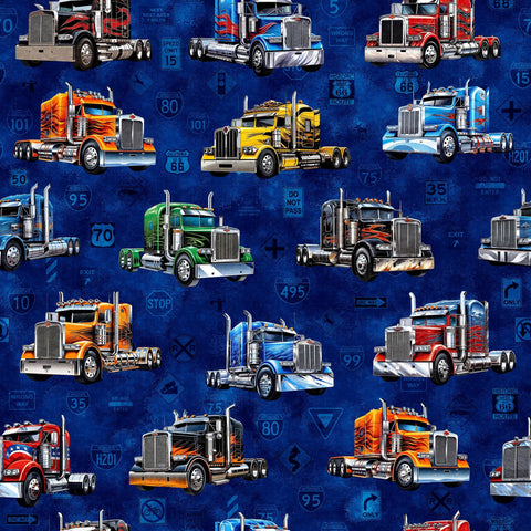 Image of the Heavy Metal Big Rigs Midnight  quilting cotton fabric by Morris Creative Group for QT Fabrics. Features large semi-truck rigs on a blue background. 
Cute Little Fabric Shop