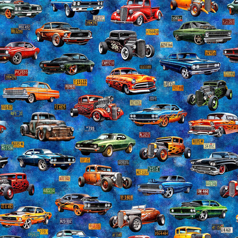 Image of the Heavy Metal Hot Rods Blue quilting cotton fabric by Morris Creative Group for QT Fabrics. Features vintage cars on a blue background. 
Cute Little Fabric Shop