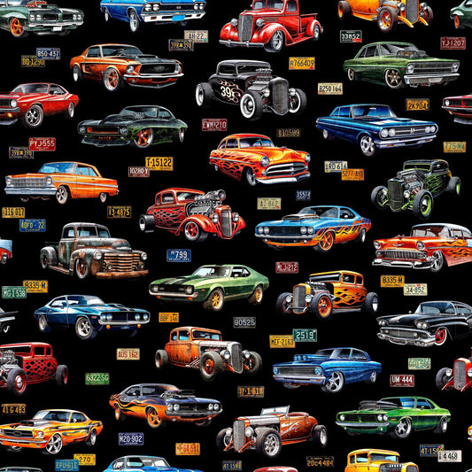 Image of the Heavy Metal Hot Rods Black quilting cotton fabric by Morris Creative Group for QT Fabrics. Features vintage cars on a black background. 
Cute Little Fabric Shop
