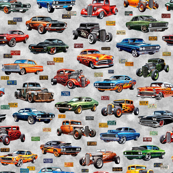 Image of the Heavy Metal Hot Rods Gray quilting cotton fabric by Morris Creative Group for QT Fabrics. Features vintage cars on a gray background. 
Cute Little Fabric Shop