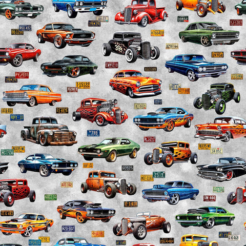 Image of the Heavy Metal Hot Rods Gray quilting cotton fabric by Morris Creative Group for QT Fabrics. Features vintage cars on a gray background. 
Cute Little Fabric Shop