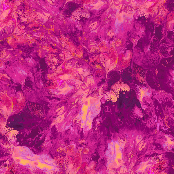 Image of the Mixology Stir Magenta quilting cotton fabric by Ocllo Mason For QT Fabrics. Features acrylic swirls on a pink background. 
Cute Little Fabric Shop
