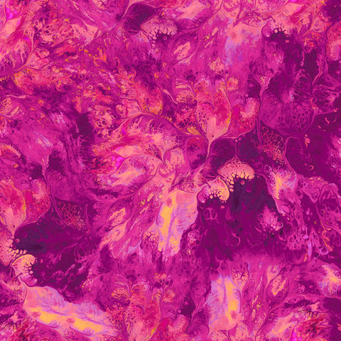 Image of the Mixology Stir Magenta quilting cotton fabric by Ocllo Mason For QT Fabrics. Features acrylic swirls on a pink background. 
Cute Little Fabric Shop