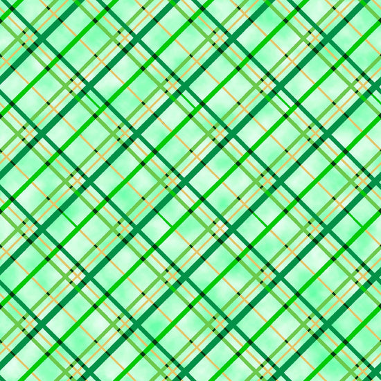 Image of the St. Paddys Cheer Biased Plaid Mint quilting cotton fabric by QT Fabrics. Features green diagonal stripes on a green background. 
Cute Little Fabric Shop.